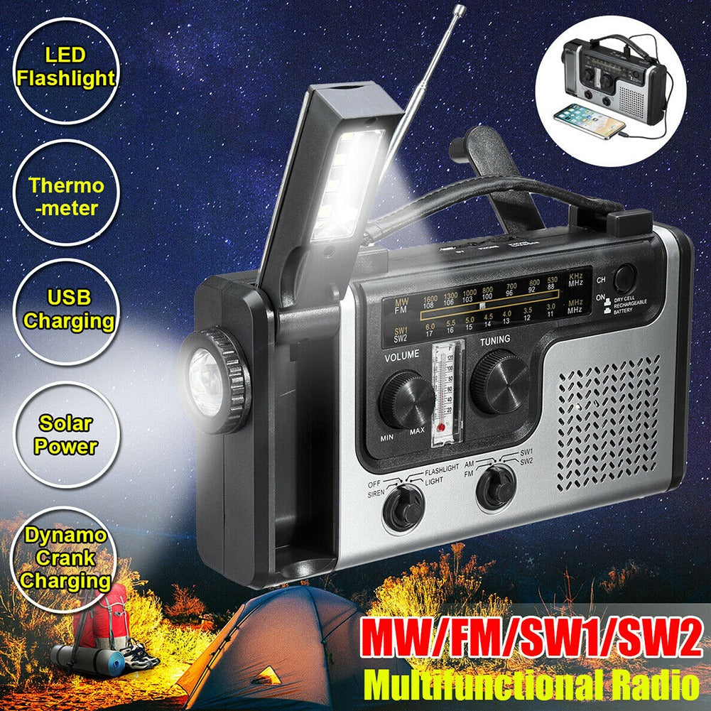 Radio Portable multifonction énergie solaire manivelle Dynamo AM/FM/SW1 météo lampe de poche lumière de lecture LED